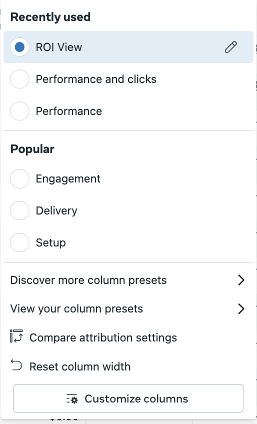Screenshot of Meta Ads Manager 'Columns' dropdown menu, showing options like 'ROI View', 'Performance and clicks', and highlighting 'Compare attribution settings' and 'Customize columns'.
